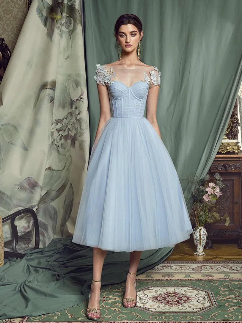 Sky Blue A-Line Evening Dress with Lace Appliques and Lace-up Back  Tea-Length Prom Gown Formal Party Dress from Dhgate Evening Dresses - price  88.45