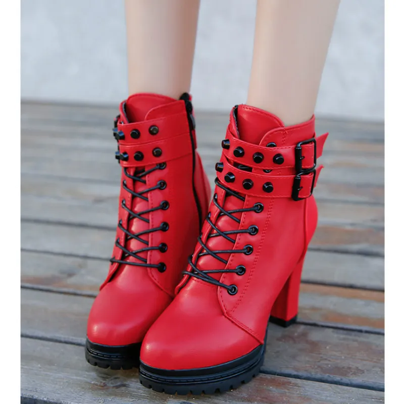 Sexy femmes talons hauts cheville robe robe bottes chaussures femmes pu cuir à lacets zip moto bottes de combat chaussures