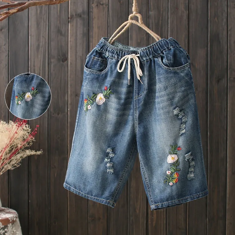 Retro Hole Embroidery Cotton Loose Plus Size Women Summer Shorts Casual Short Femme Denim Ripped Jeans C5374