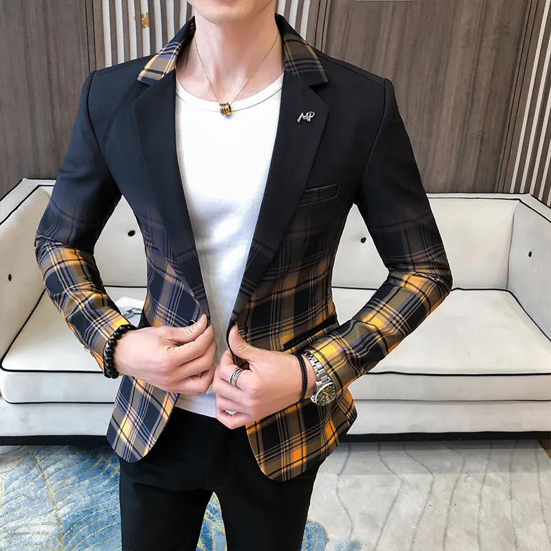 Gradiente xadrez sofisticado blazer masculino amarelo vestido de noiva vermelho 2020 blazer slim fit button single modanes jaqueta homens