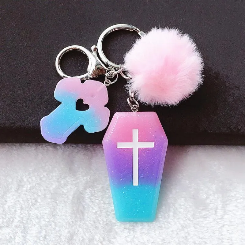 Keychains 1PC Women Keychain Fasion Glitter Coffin Planchette Flatback Rresin Charms Handbag Keyring With Puffer Ball Board