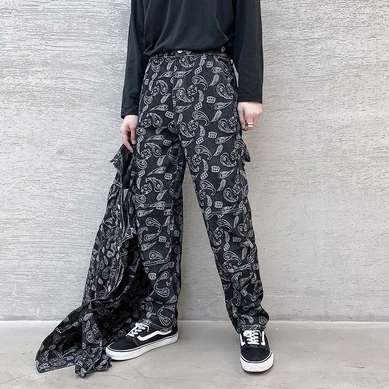 Slim Fit Ripped Jeans: Premium Quality Royal Paisley Printed Black