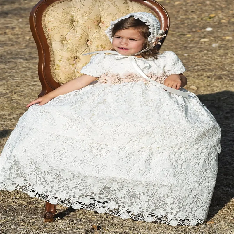 Nuevos vestidos de bautizo para ni as con sombrero y diadema Apliques de encaje Joya Cuello Vestido de bautismo Vestido de primera comunicaci n