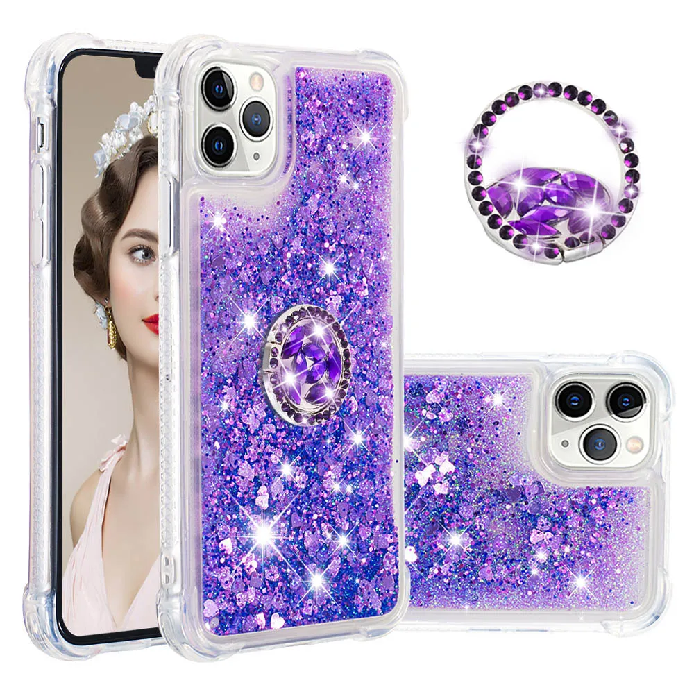 Casos de telefone de areia de glitter líquido com kickstand para iPhone 7 8Plus XR 12 11 13 14 Pro Max Samsung S20 Nota 20 Bling Flutuante Cachoeira TPU Tampa de protetor