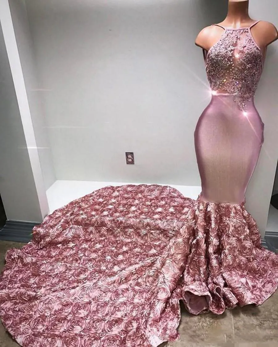 Dusty Pink Spaghetti Prom Dresses met Flora Lange Trein 2021 Kristallen Beaded Sheer Top Avondjurken Mermaid Formele Feestjurk