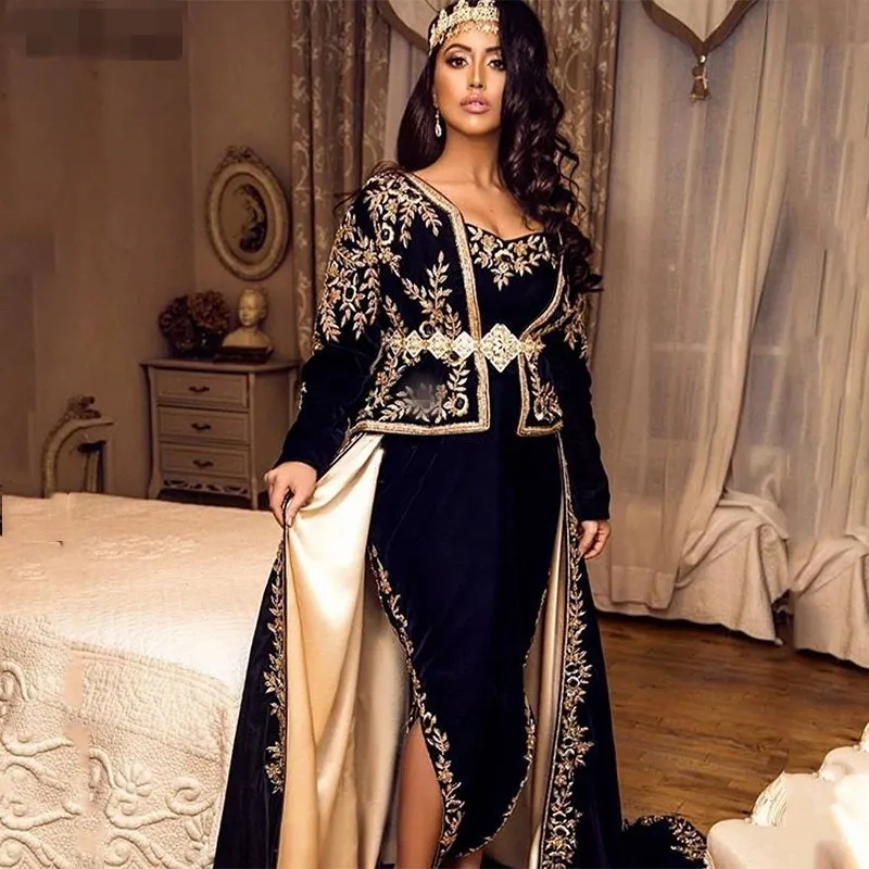 Zeemeermin Karakou Algerijnse avondjurken Sexy Side Slees Fluwelen Lange Mouwen Outfit Applique Lace Chalka Prom Jurs Moslim Formele Party