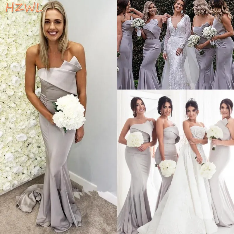 Zilveren Strapless Mermaid Bridesmeisje Jurken 2021 Ruches Satin Long Maid of Honour Jurken Goedkope Bruiloft Gastenjurk