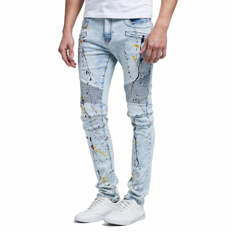 Hip-hop skinny jeans män pläterad dragkedja spliced ​​painted splash-bläck denim casual penicl byxor tidvatten