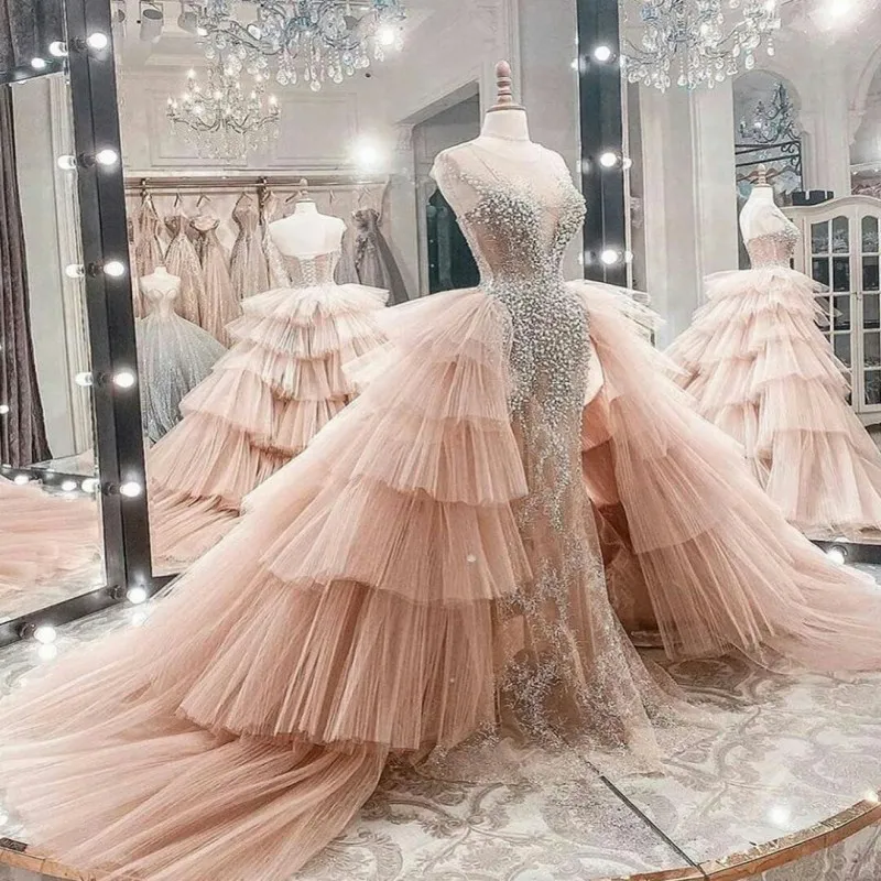 Luxe illusie overskirts prom -jurken pure nek major kralen schede avondjurk met afneembare treinvestido de novia