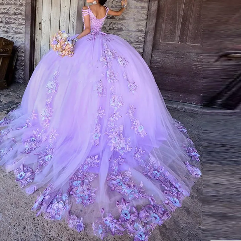 Lavanda Princesa Quinceanera Vestidos de Baile Rendas Apliques Sweet 16 Dress Court Train vestidos de 15 anos