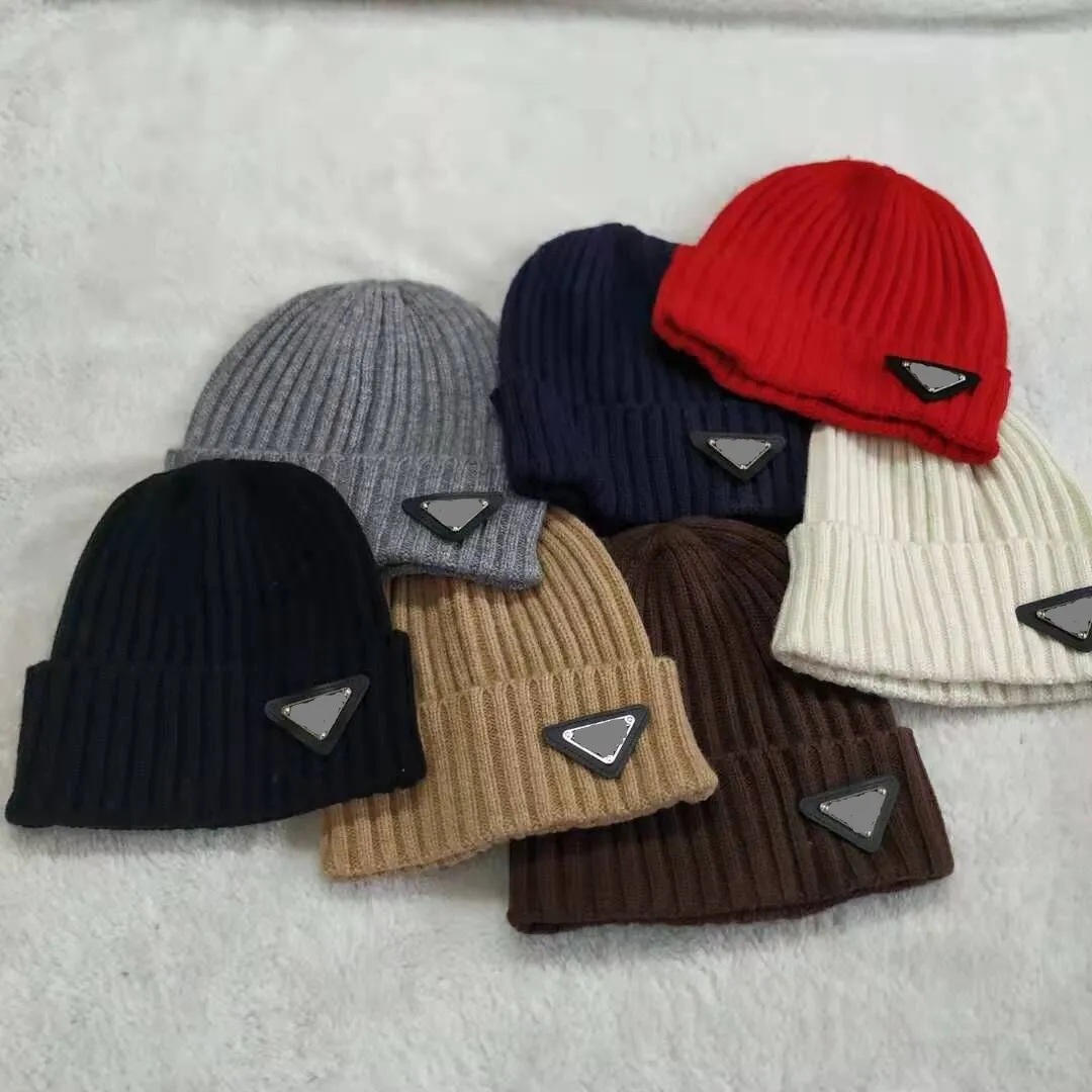 Triangle logo beanies outdoor warm bonnet winter beanie knitted wool hat cap skull Thicker mask Fringe hats man high quality