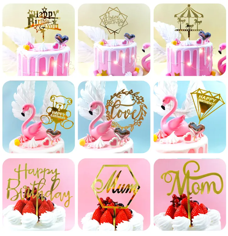 Birthday Party Decorations Acrylic Cake Plugin Happy Birthday Letters Card 13-17cm Cake Decorations Baking Decoration Cake Flag HHB1556