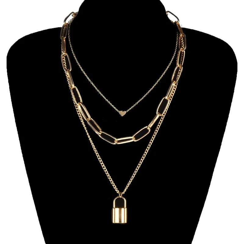 Collier chaîne géométrique créative avec serrure en forme de cœur, pendentif en or, Punk, multicouche, clavicule, bijoux de cou à la mode pour femmes