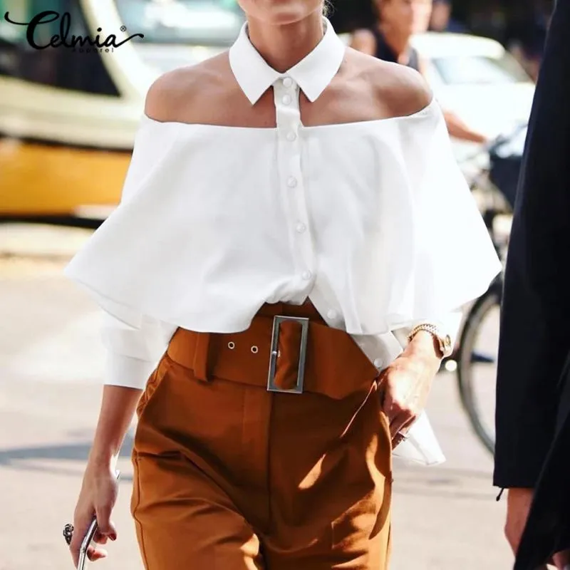 Womens Blouses Shirts Women Cold Shoulder Blouse Celmia Sexy Halter Shirt 2021 Summer Ruffles Solid Office Casual Tops Buttons Party Blus