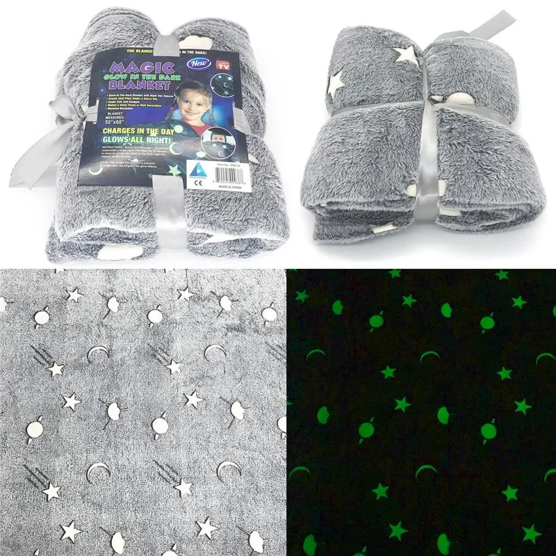 Magic Glow In The Dark Fleece Blanket Throw Grey Stars / Moon New Plush Furry Throw Warm Blanket