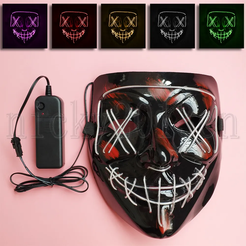 Led zwart gezicht masker steken purge horror eng el neon strip licht op gloed in donker fancy plastic halloween cosplay party kostuum