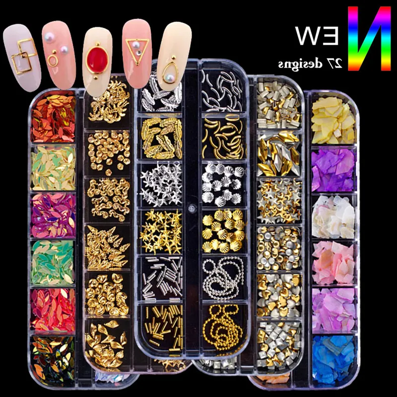 12 Grids Nail Art Decorations Studs 3D Crystal Rhinestones Alloy Drill Nail Sequins Mermaid Beads Tips Nail Decals Manicure Glitter Diamonds