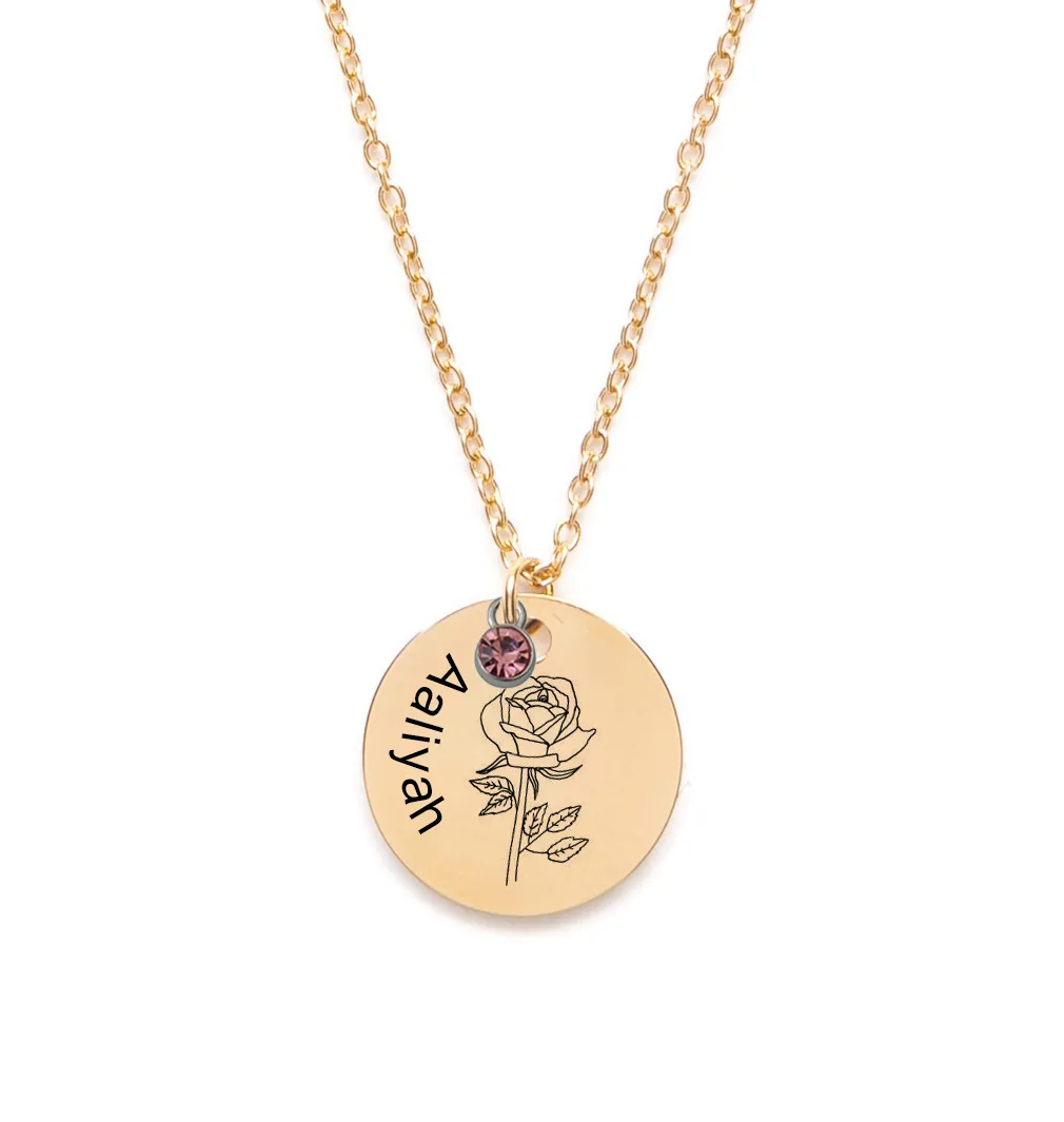 Custom Name Gold Disc Dainty Coin Engraved Month Birth Flower Necklaces for Women Mother'S Day, Back School, Best Friends, Bridesmaid Gift