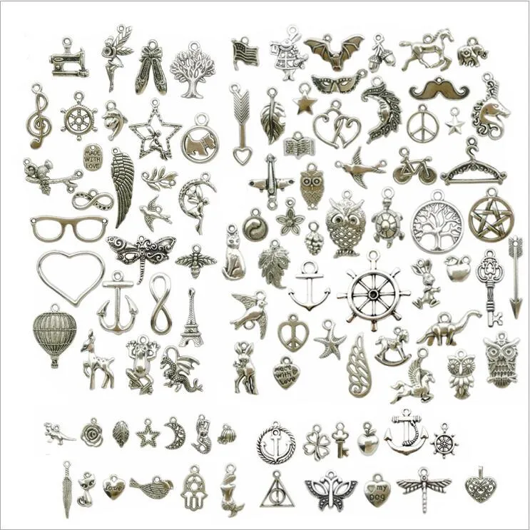 100pcs Mix Earring Jewelry Findings Charms Alloy Tibetan Silver Pendants for Bracelet Necklace DIY Handmade Accessories in Bulk