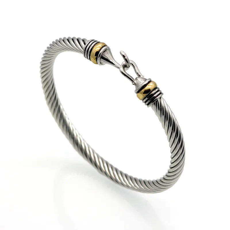 Grossistnivå (10st) Mode Titan Rostfritt Stål Män Hook Armband Guldstål Färg Twist Cable Wire Armband Bangles