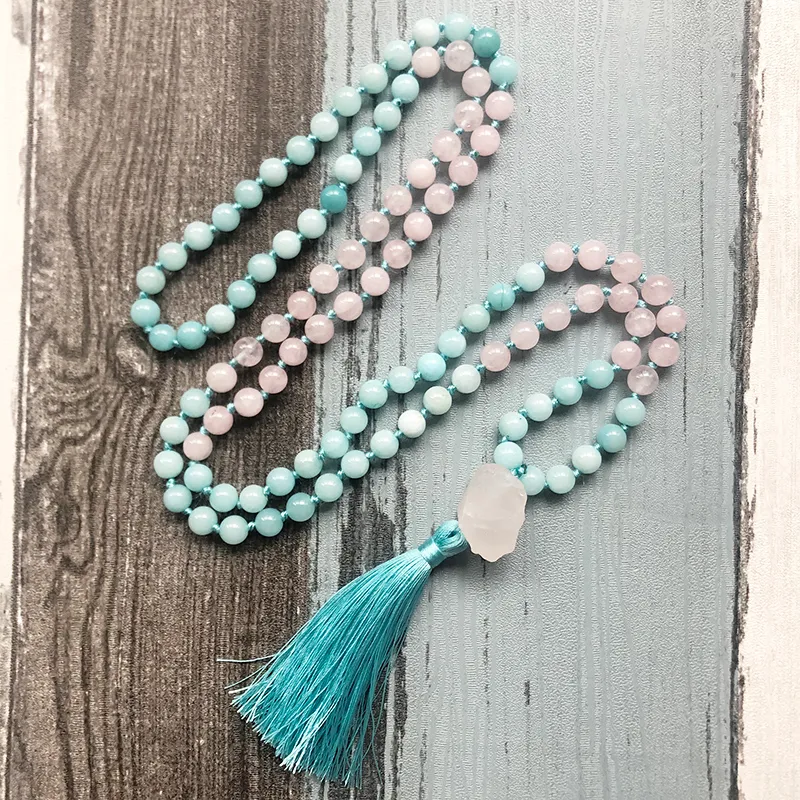 Chaînes Pierre Brute Pendentif Mala Colliers Rose Q-uartz Et Bleu Collier Noué 108 Perles Gland Femmes Cadeau Pour Elle