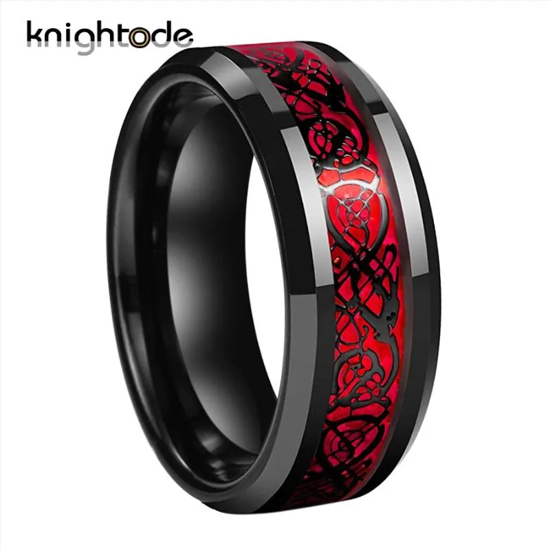 8 mm Anneau du Dragon Noir Celtic Hommes en carbure de tungstène anneaux bandes de mariage en fibre de carbone rouge Mode Couple Bijoux Bague Ergonomique