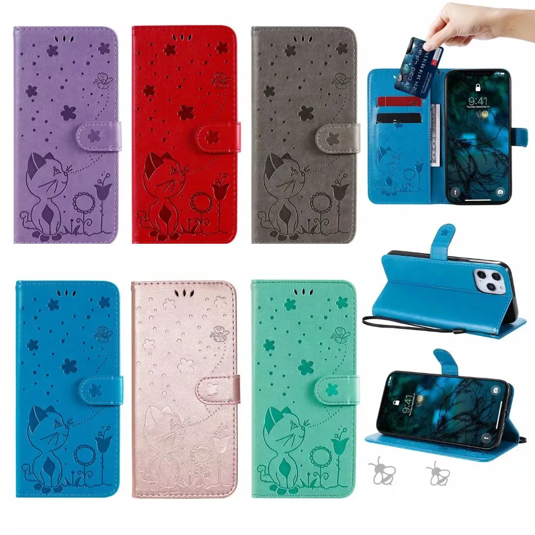 34Designs بصمة الحالات المحفظة الجلدية للزهرة من أجل iPhone 15 Plus 14 Pro Max 13 12 11 XR XS X 8 7 6 SE2 Sunflower Cat Cartost Bute Butterfly Slot Slot Slot Cover Pouch