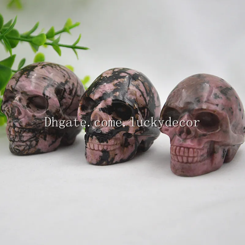 10 sztuk 2 "Wspaniały Naturalny Realistyczny Rhodonite Jasper Kryształ Kryształ Czaszka Master Hand Carving Pink Black Gemstone Fine Art Skull Figurka