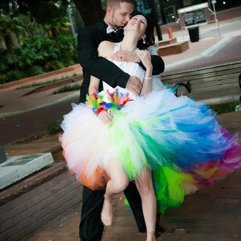 High Low Colorful Wedding Dresses Rainbow Colored Train New 2019