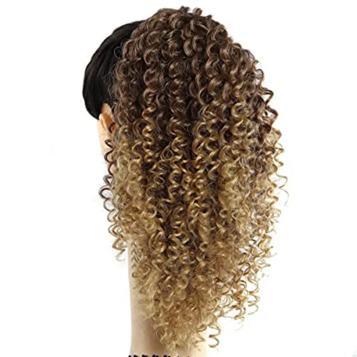 Extension de queue de cheval bouclée avec cordon de serrage, ombré brun blond afro, postiche de poney pour femmes afro-américaines crépues 120g