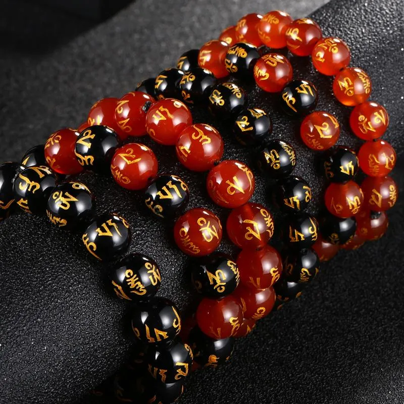 10 / 12mm largura preta vermelha de pedra natural Pulseira para homens DIY Mens Beads Braceletes para mulheres jóias religiosas