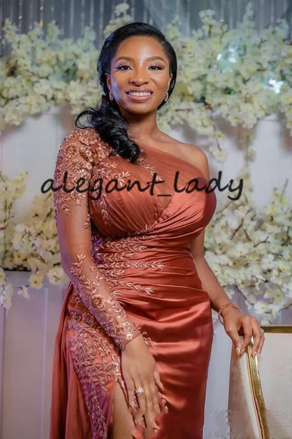 Rust Red One Shoulder Rust Evening Gown 2021 With Long Sleeves Nigerian African Style Sexy Slit Plus Size Perfect For Prom And Special Occasions. From Alegant lady 135.11 DHgate.Com