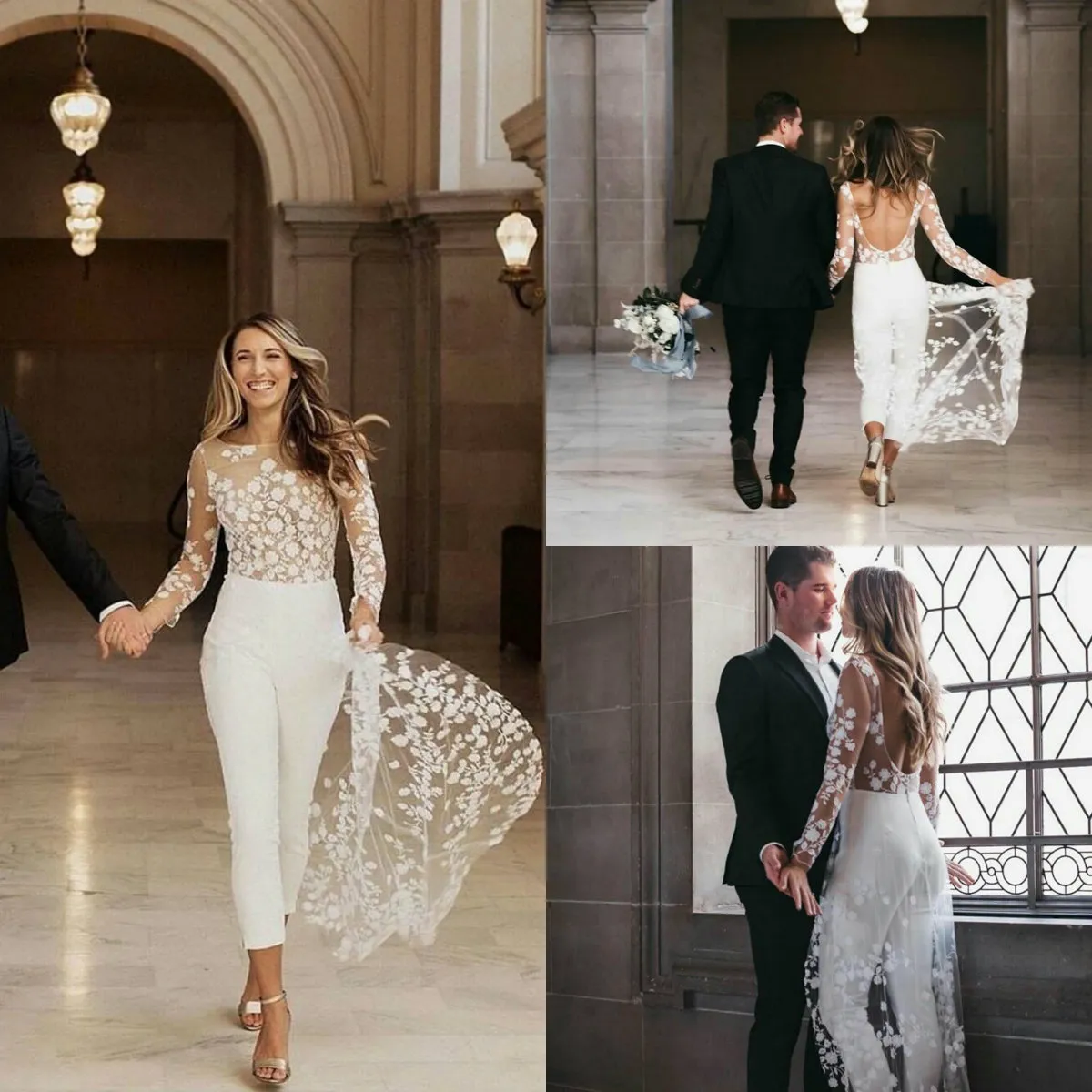 Kombinezon 2021 Plaża Boho Suknie ślubne Jewel Neck Długi Rękaw Backless Długość Długość Bridal Outfit Koronki Summer Suknie Ślubne