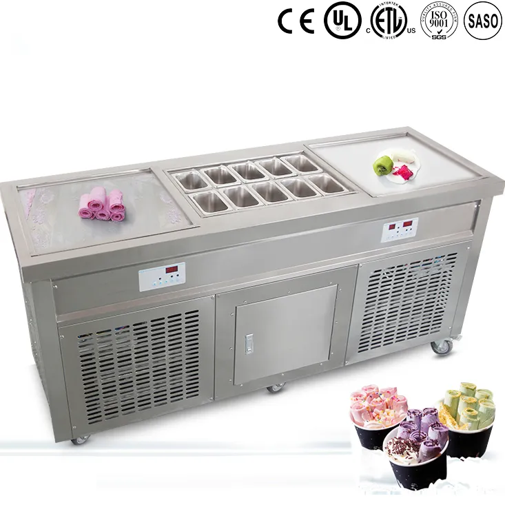 Commercial CE ETL Franchise kitchen double square pans with 10 cooling tanks fried ice cream machine