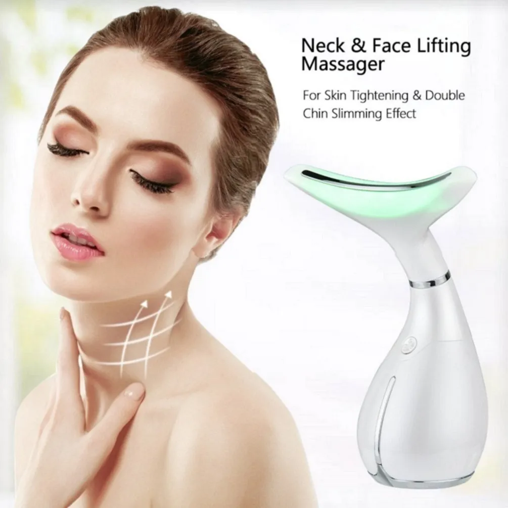 3 färger LED Photon Therapy nacke och ansiktslyftning Massager Vibration Hud Dra åt Minska Double Chin Anti-Wrinkle Remover Device