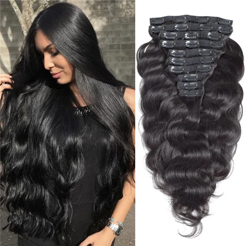 Lang Golvend Clip-in Hair Extensions Natuurlijk Zwart Maagdelijk Braziliaans Menselijk Haar Lichaamsgolf Clip-ins Verlenging 8 stks / 120 g