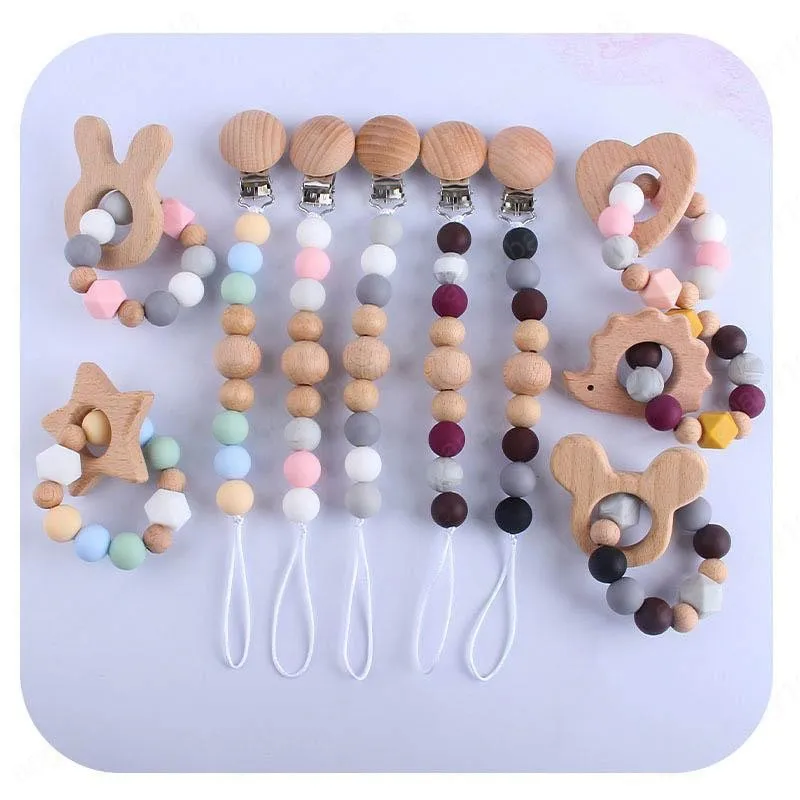 INS 2pcs/set DIY Wooden Baby Pacifier Clip Chain LOVE Newborn Pacifier Clips Holder Chupetas Soother baby silicone teething beads