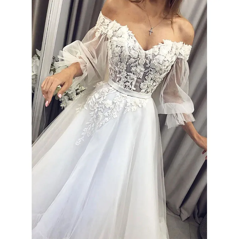 Eightree Princess Wedding Dress Puff Sleeve Long Bridal Dresses