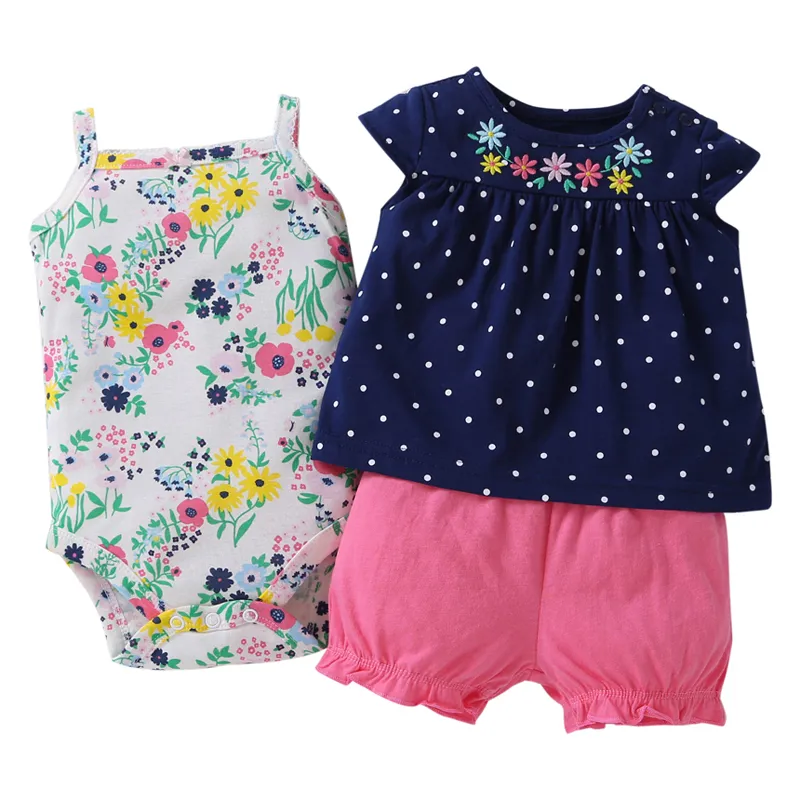 summer Baby girl clothes set short sleeve floral T shirt tops+bodysuit+shorts pink newborn outfit new born babies clothing suit
