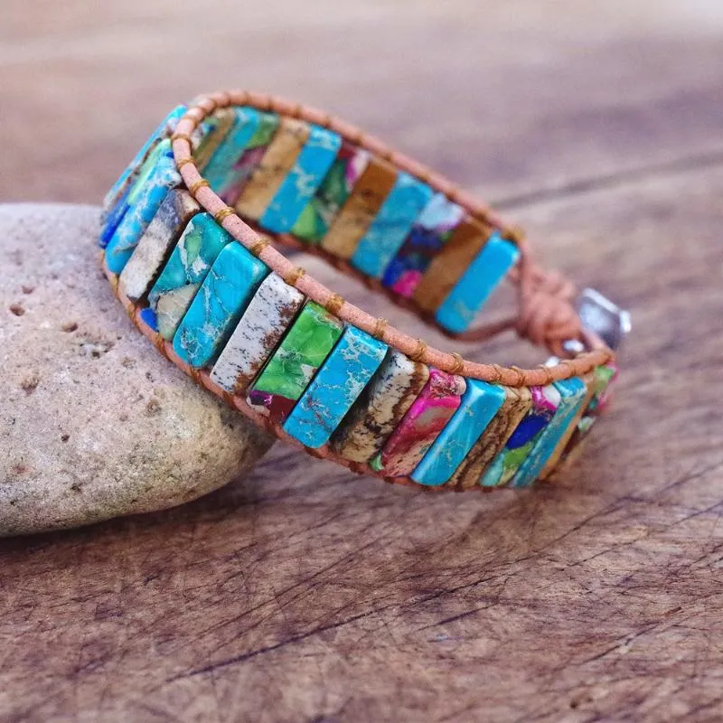 Bracciale avvolgente in pelle fatto a mano fai-da-te Bracciale con fili di perline in pietra naturale Bracciale Boho gioielli avvolgente in pelle per donna Uomo266f