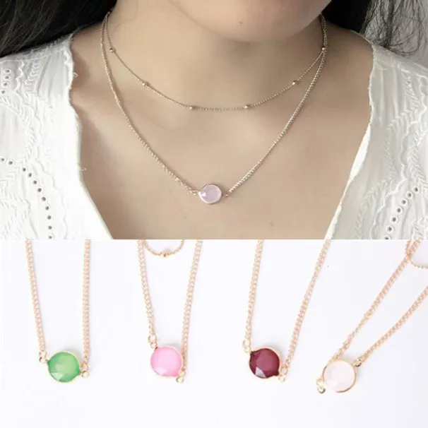 Necklace Jewelry Gold Gemstone Round Pendants Double layer Chocker Necklace Pink White Green Healing Crystals Necklace for Women Girls