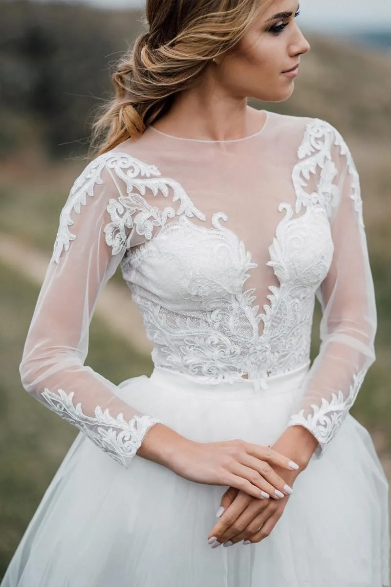 Country Chic: Lace Applique Two-Piece Long sleeve dress wedding with Long Sleeves, Tulle Sheer, Jewel Neckline, and Covered Buttons Back - Vestido de Country Chic: Lace Applique Two-Piece Long sleeve dress wedding with Long Sleeves, Tulle Sheer, Jewel Neckline, and Covered Buttons Back - Vestido de