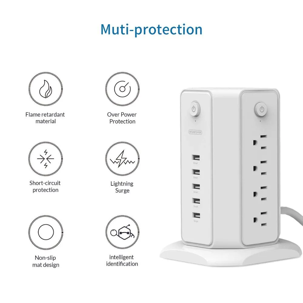 Güç Dalgalanması Koruyucu Düz ABD Fiş Güç Şeridi Kulesi 8AC 5 USB Masaüstü Şarj İstasyonu Ev Ofis için 1.8 M Uzatma Kablosu