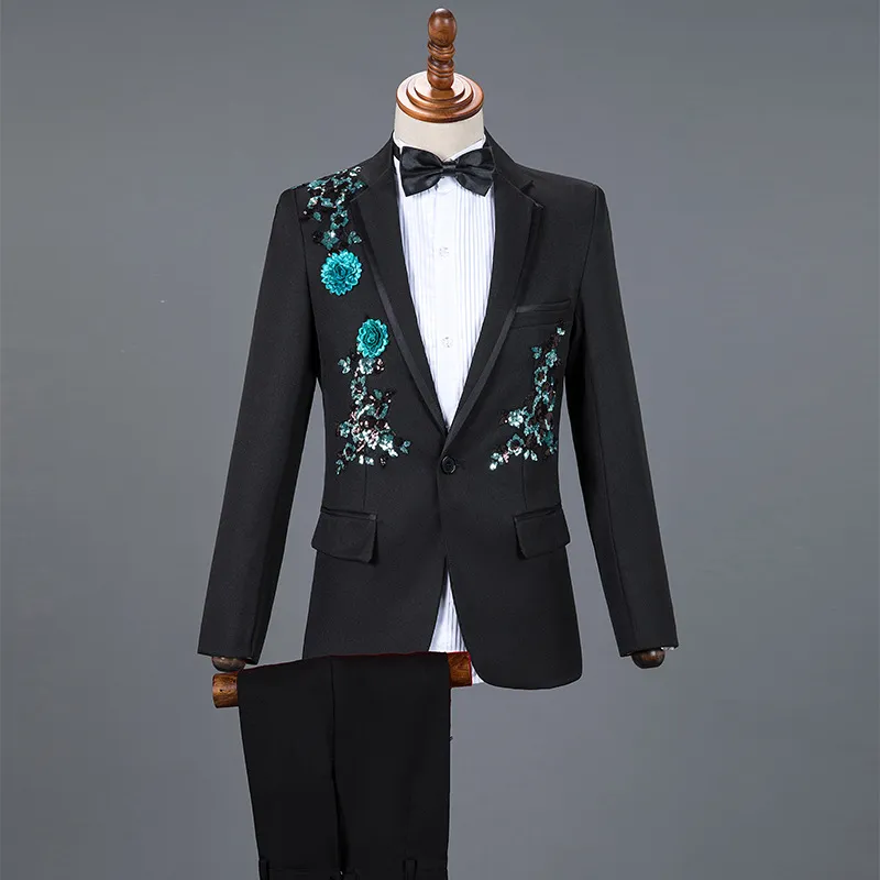 Chinese Style Men Business Casual Slim Suit Sets Fashion Sequin Tuxedo Singer Host Concert Stage Outfits Wedding Party Dresses2669