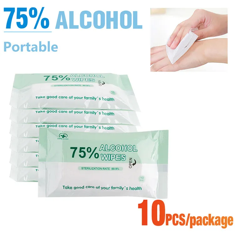 10 stks doekjes 75% alcohol draagbare doekjes Antibacteriële doekjes voor mannen en vrouwen volwassenen en kinderen voor thuis en kantoorgebruik HHD1576