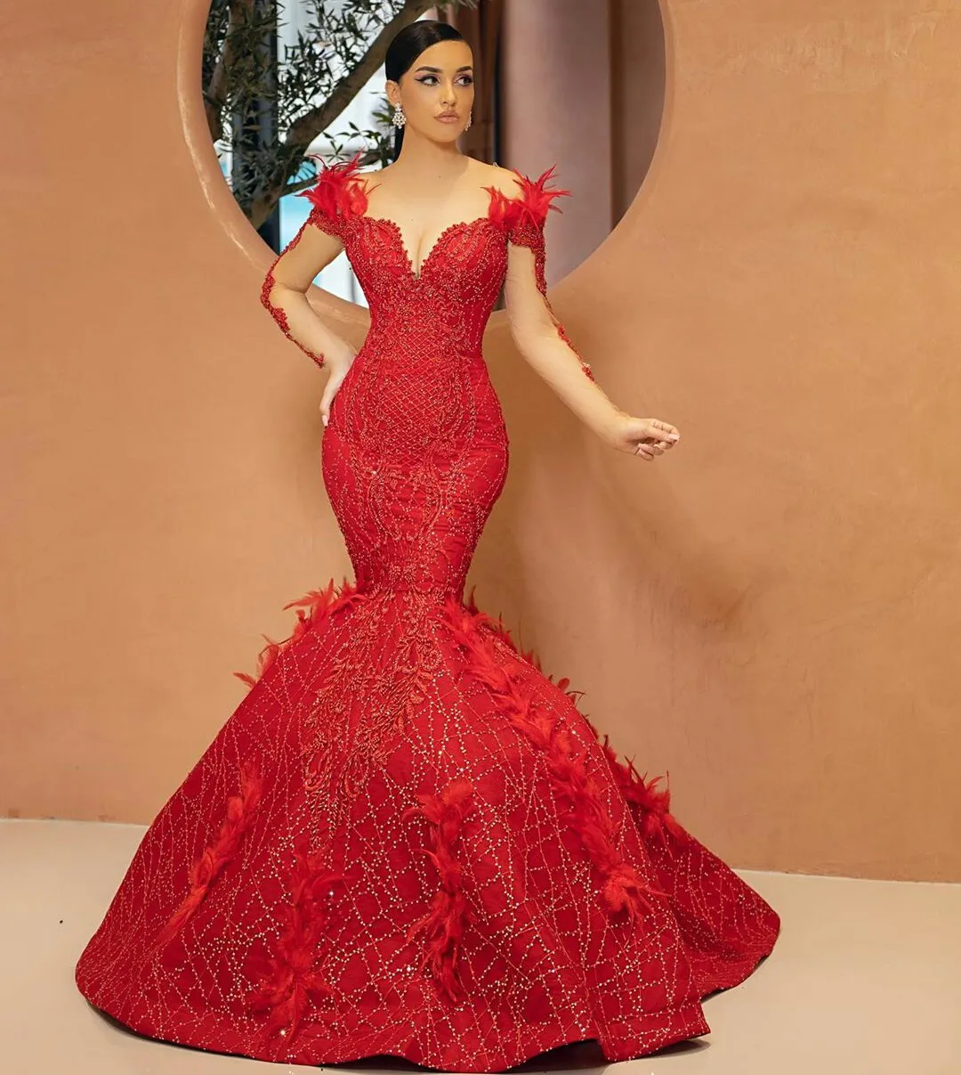2024 Elegant V Neck Long Sleeve Mermaid Prom Dress with Feather Appliques