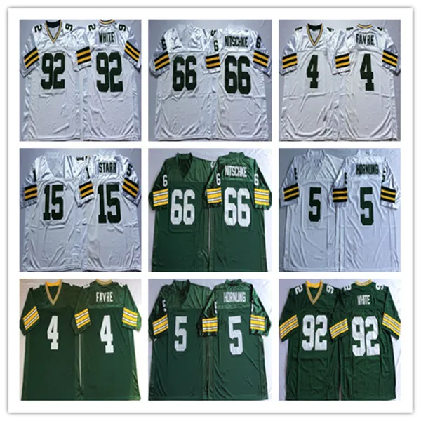 NCAA Erkekler Vintage Brett Favre Paul Hornung Bart Starr Ray Nitschke Reggie Beyaz MN Futbol Sticthed Jersey Green