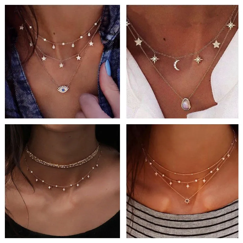 4 Styls Hot Selling Multilayer Little Star Necklace Gold Moon and Star Bling Diamond Necklace Jelwery for Women Girls