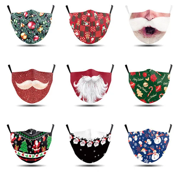2020 Face mask fashion masks Adult Cartoon Washable Christmas printed Santa beard mask PM2.5 dust haze mask can be inserted with filter