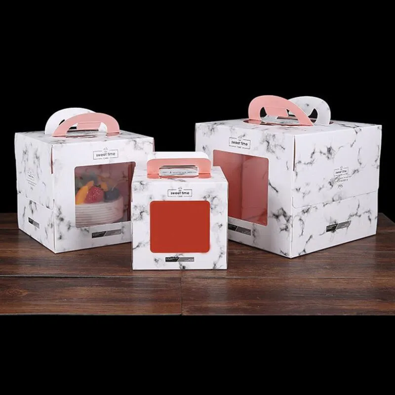 Mousse Kek paket kutu LX3226 pişirme şeffaf pencere ile 4/6/8/10 inç Mermer tasarım kağıt kolu pasta kutusu, Açık pencere kasaları